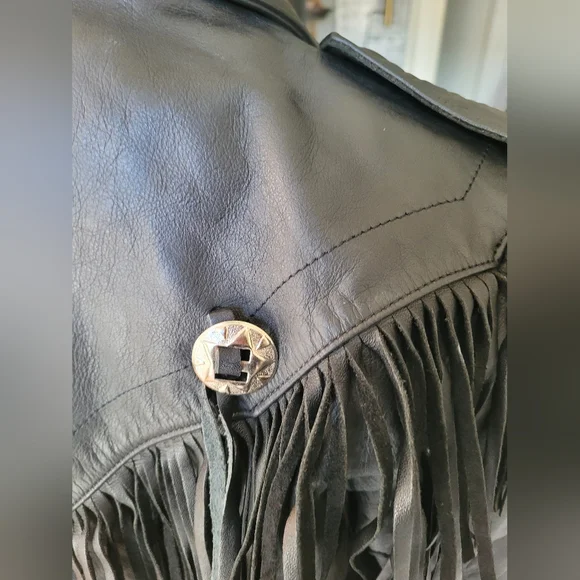 Veducci Vintage Edgy Black Leather Fringe Western Jacket - Picture 6 of 7